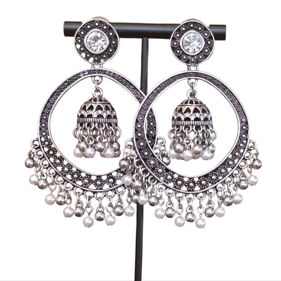 Jewelry - Indian Jhumka Round Crystal Oxidized Silvertone Hoop Earrings